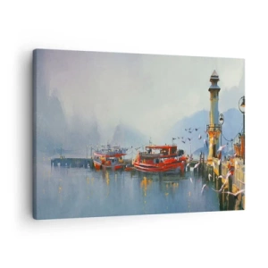 Obraz na plátne - Prístav s červenými loďami obklopený hmlistou krajinou - 70x50cm - Na konci sveta - Moderná nástenná dekorácia do obývacej izby a spálne ARTTOR