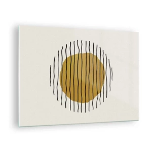 Obraz na skle - Minimalistická kompozícia so žltým kruhom a čiernymi čiarami. - 70x50cm - Abstrakcia kmitajúca žiarom - Moderná nástenná dekorácia do obývacej izby a spálne ARTTOR