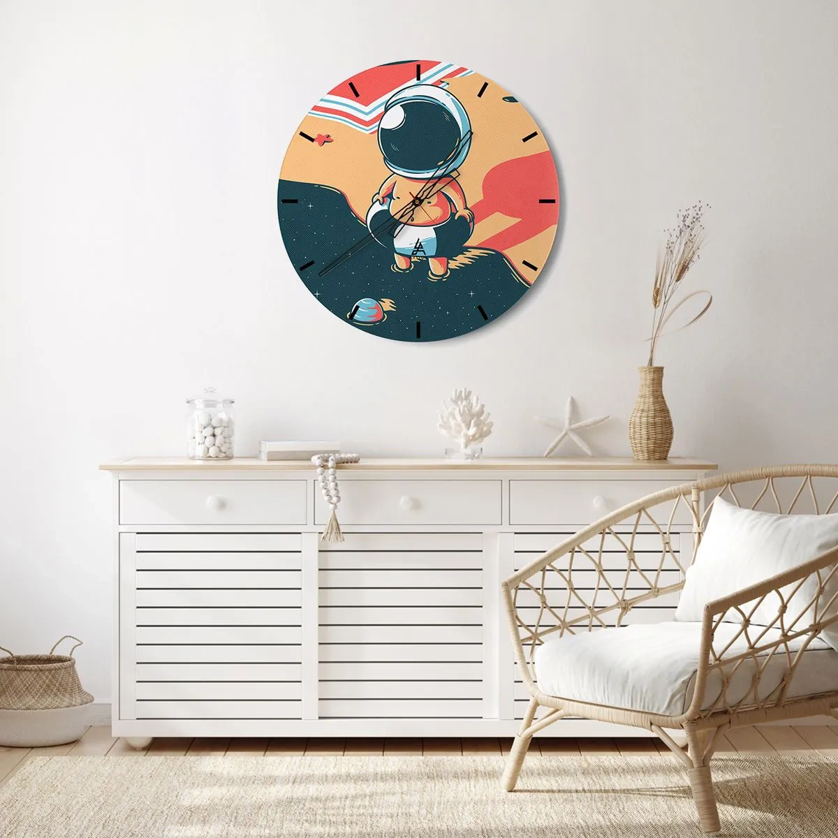 Nástenné hodiny - Astronaut na vesmírnom pozadí v retro štýle - 30x30cm - Z iného pohľadu - Moderná nástenná dekorácia do obývacej izby, kuchyne a spálne ARTTOR