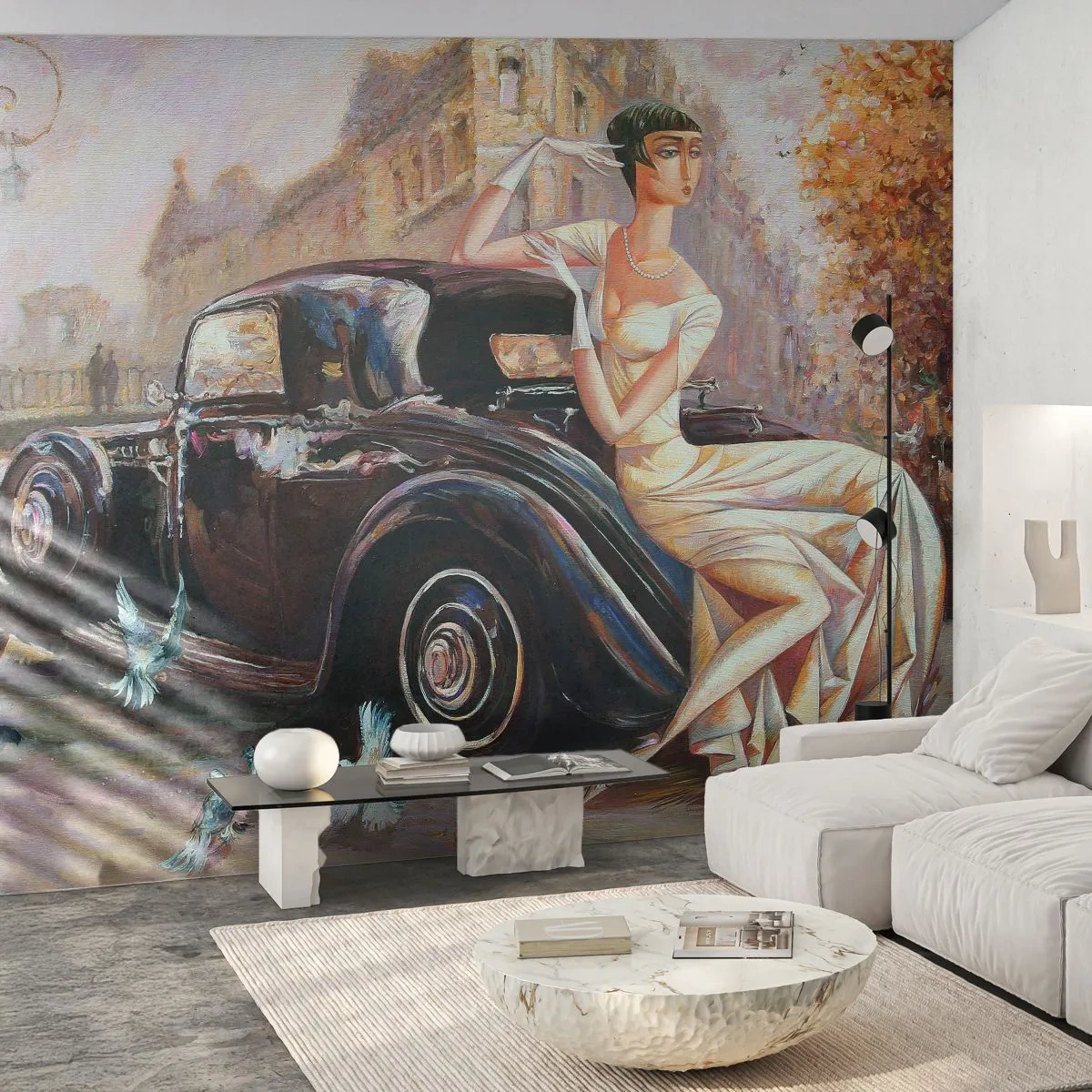 Samolepiaca Fototapeta Deluxe Sticker - Elegancia v retro štýle - Retro auto, Žena, Palác - 250x175 cm