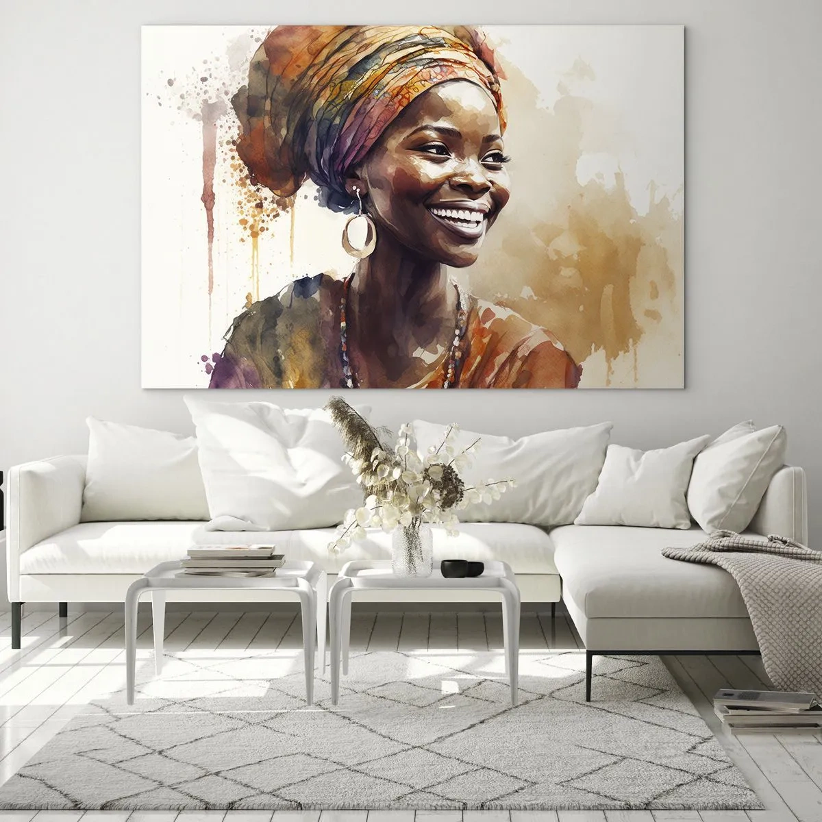 Obraz na skle - Akvarelová portrétna fotografia usmievavej ženy v turbane - 70x50cm - Africká kráľovná - Moderná nástenná dekorácia do obývacej izby a spálne ARTTOR