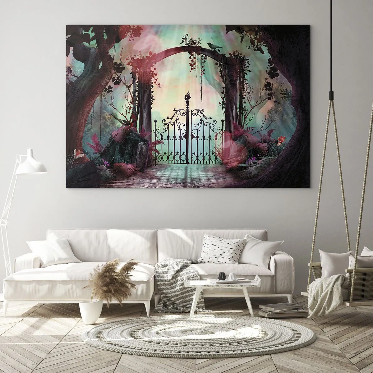 Obraz na skle - Magické brány v rozprávkovom lese - 70x50cm - Tajná záhrada - Moderná nástenná dekorácia do obývacej izby a spálne ARTTOR