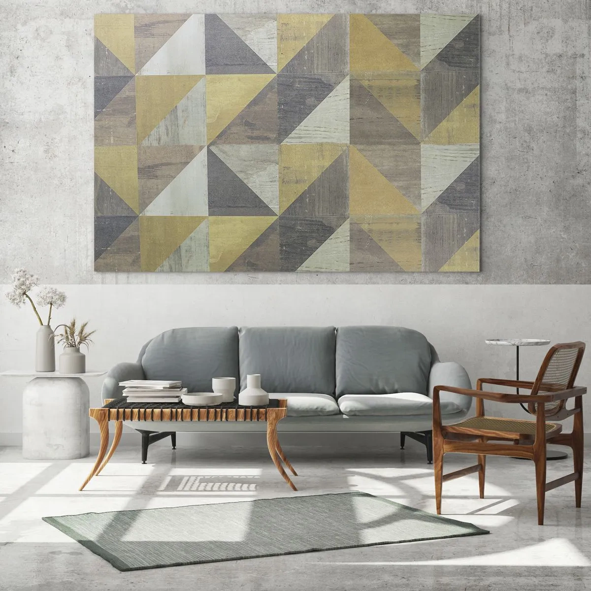 Obraz na skle - Geometrický vzor trojuholníkov v tlmených farbách - 70x50cm - V uhle trojuholníka - Moderná nástenná dekorácia do obývacej izby a spálne ARTTOR