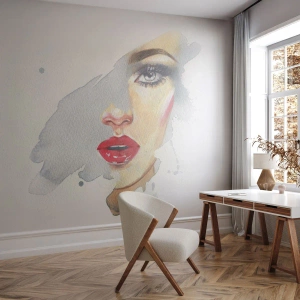 Fototapeta Premium Sand - Odraz v kvapke vody - Ženská tvár, Žena, červené pery - 300x210 cm