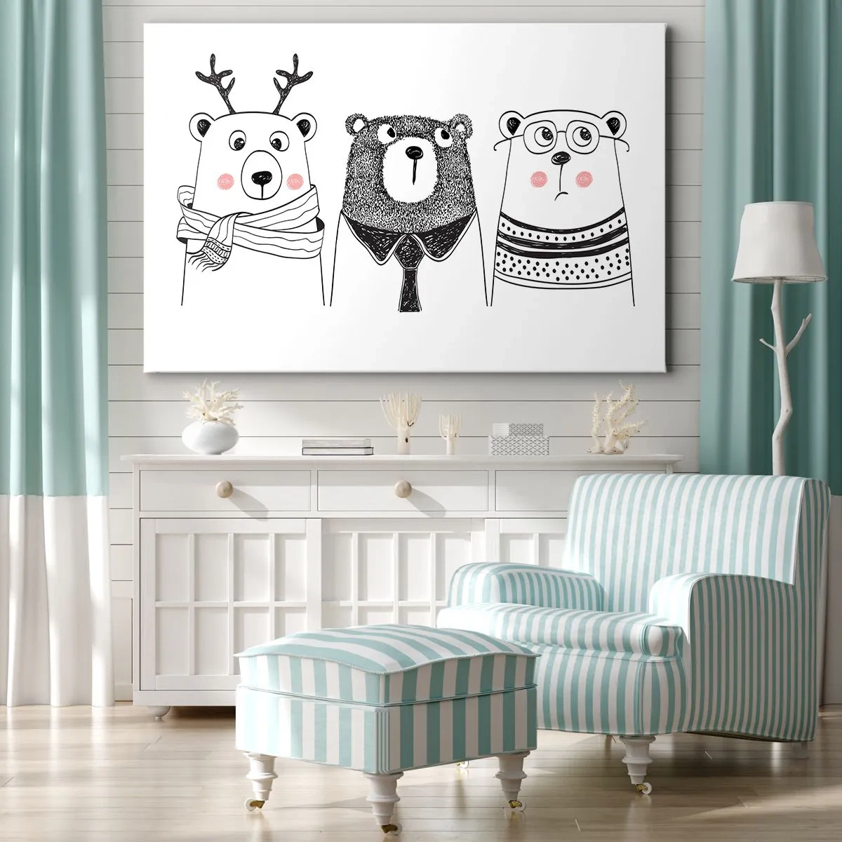 Obraz na plátne - Tri vtipné medvede v minimalistickom štýle - 70x50cm - Medveď, medvedík a macko - Moderná nástenná dekorácia do obývacej izby a spálne ARTTOR