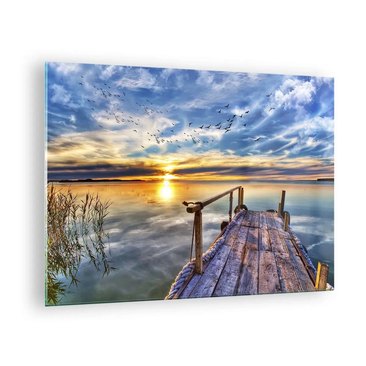 Obraz na skle - Mólo pri jazere pri západe slnka s vtákmi na oblohe - 70x50cm - Vietor ide odpočívať - Moderná nástenná dekorácia do obývacej izby a spálne ARTTOR
