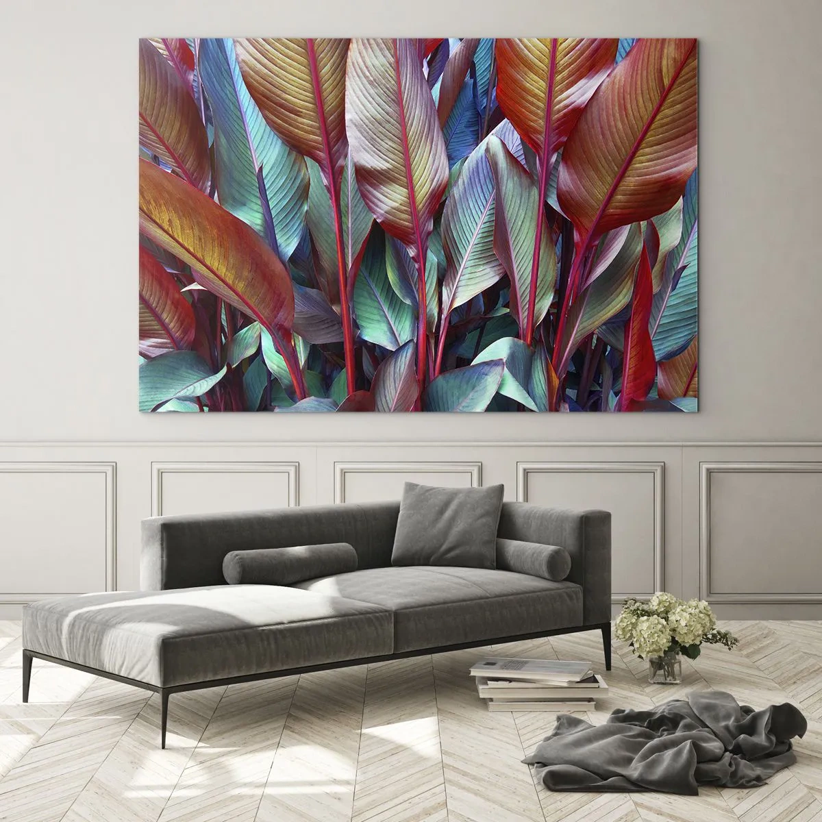 Obraz na skle - Farebná húština listov v odtieňoch červenej, zelenej a fialovej - 70x50cm - Farebná húština - Moderná nástenná dekorácia do obývacej izby a spálne ARTTOR