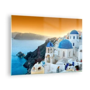 Obraz na skle - Pohľad na Santorini s jeho modrými kupolami a útesmi - 70x50cm - Santorini - v náruči skál - Moderná nástenná dekorácia do obývacej izby a spálne ARTTOR