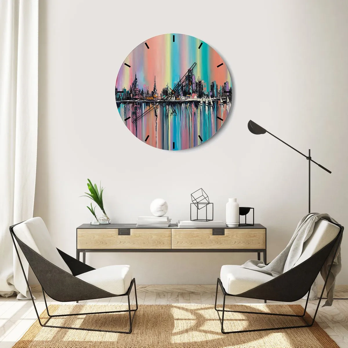 Nástenné hodiny - Farebná panoráma mesta odrážajúca sa vo vode - 30x30cm - Nočný prúd svetla - Moderná nástenná dekorácia do obývacej izby, kuchyne a spálne ARTTOR