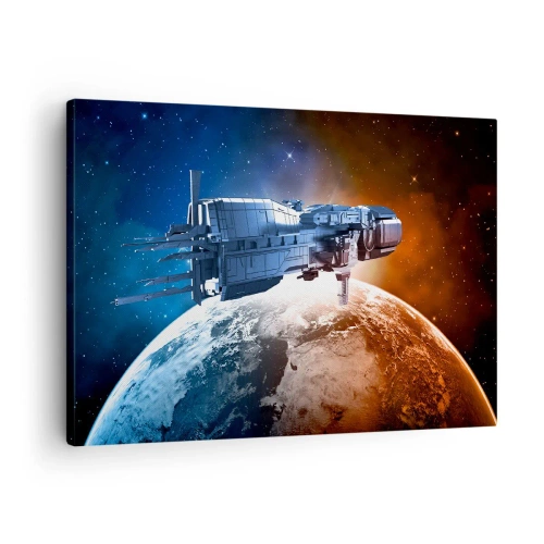 Obraz na plátne - Vesmírna loď na pozadí planéty vo vesmíre - 70x50cm - Pozorný pozorovateľ - Moderná nástenná dekorácia do obývacej izby a spálne ARTTOR