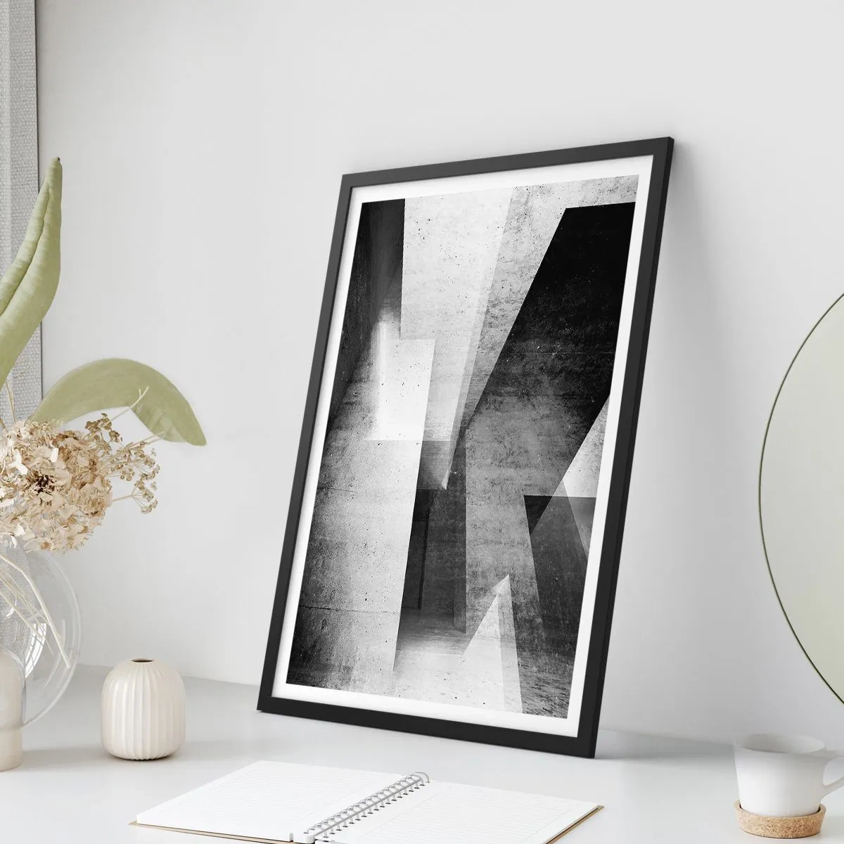 Plagát v čiernom ráme - Geometrická abstrakcia v čiernej a bielej farbe - 50x70cm - Štruktúra priestoru - Moderná nástenná dekorácia do obývacej izby a spálne ARTTOR