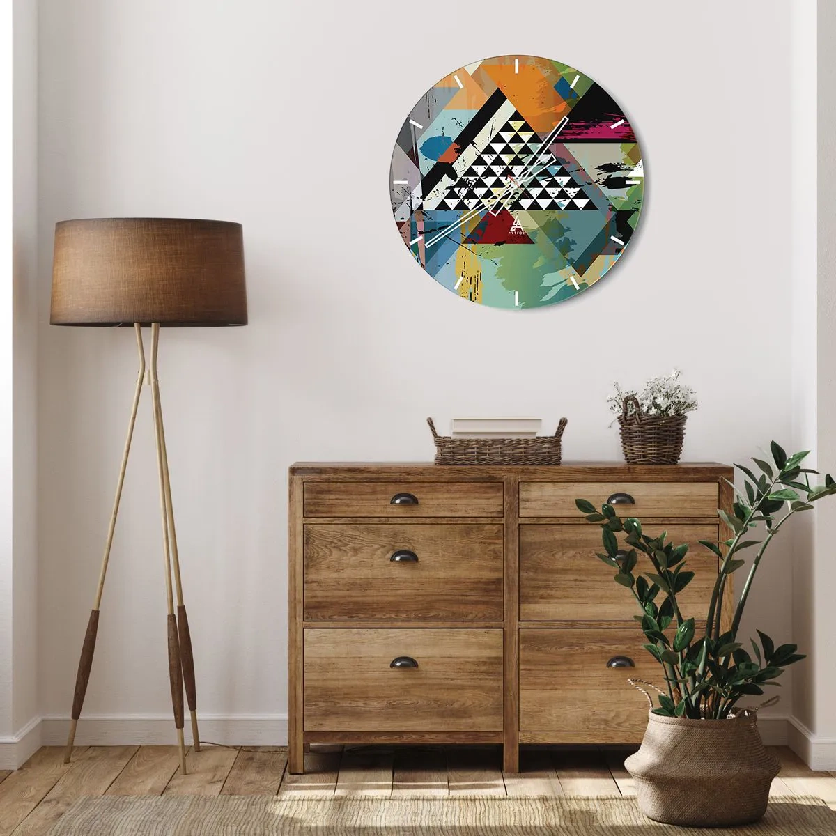 Nástenné hodiny - Ciferník hodín s abstraktným geometrickým motívom v živých farbách. - 30x30cm - Aké je to jednoduché - Moderná nástenná dekorácia do obývacej izby, kuchyne a spálne ARTTOR