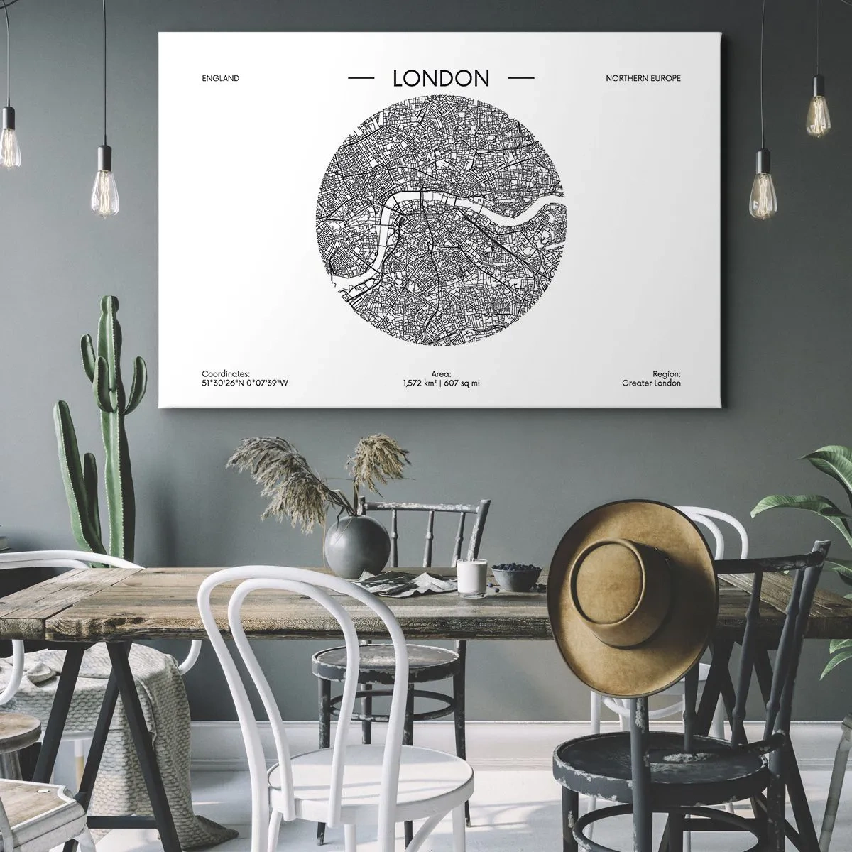 Obraz na plátne - Minimalistická mapa Londýna v čiernobielej farbe s presnými detailmi. - 70x50cm - Anatómia Londýna - Moderná nástenná dekorácia do obývacej izby a spálne ARTTOR