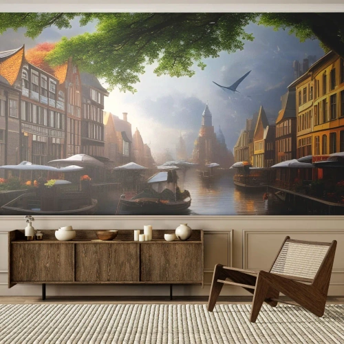Samolepiaca Fototapeta Deluxe Sticker - Holandská mestská krajinka - Staré Mesto, Lode, Kanál - 300x210 cm