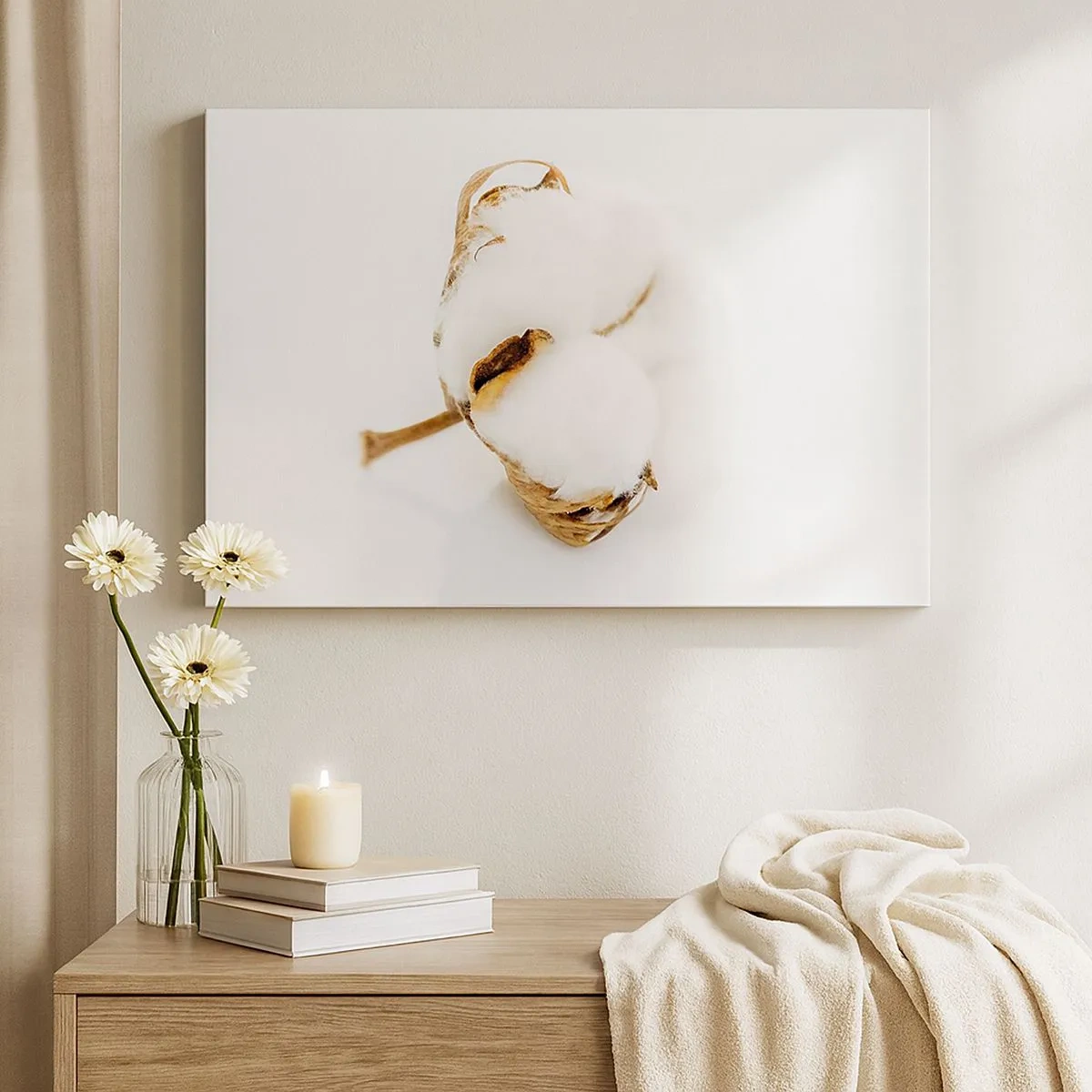 Obraz na plátne - Vetvička bavlny na svetlom pozadí v minimalistickom štýle - 70x50cm - Mäkká od prírody - Moderná nástenná dekorácia do obývacej izby a spálne ARTTOR