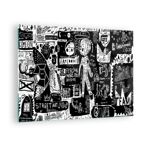 Obraz na skle - Čiernobiela grafika v štýle pouličného umenia so znakmi a symbolmi - 70x50cm - Práva a radosti duševnej mladosti - Moderná nástenná dekorácia do obývacej izby a spálne ARTTOR