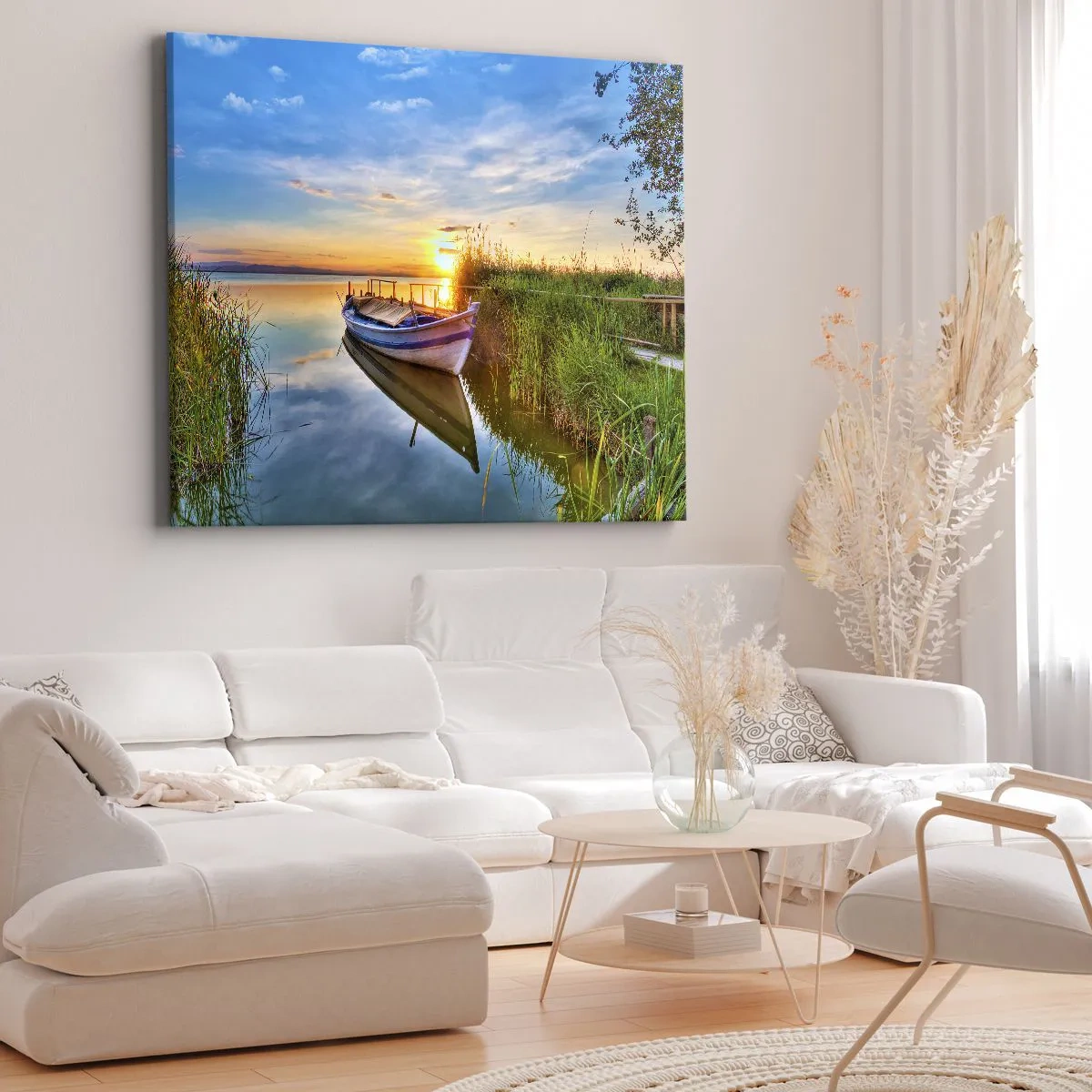 Obraz na plátne - Loď v tichej zátoke pri západe slnka - 70x50cm - Zátoka splnených snov - Moderná nástenná dekorácia do obývacej izby a spálne ARTTOR