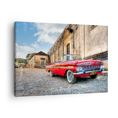 Obraz na plátne - Červené klasické auto na dláždených uliciach - 70x50cm - Kubánske vzrušenie - Moderná nástenná dekorácia do obývacej izby a spálne ARTTOR