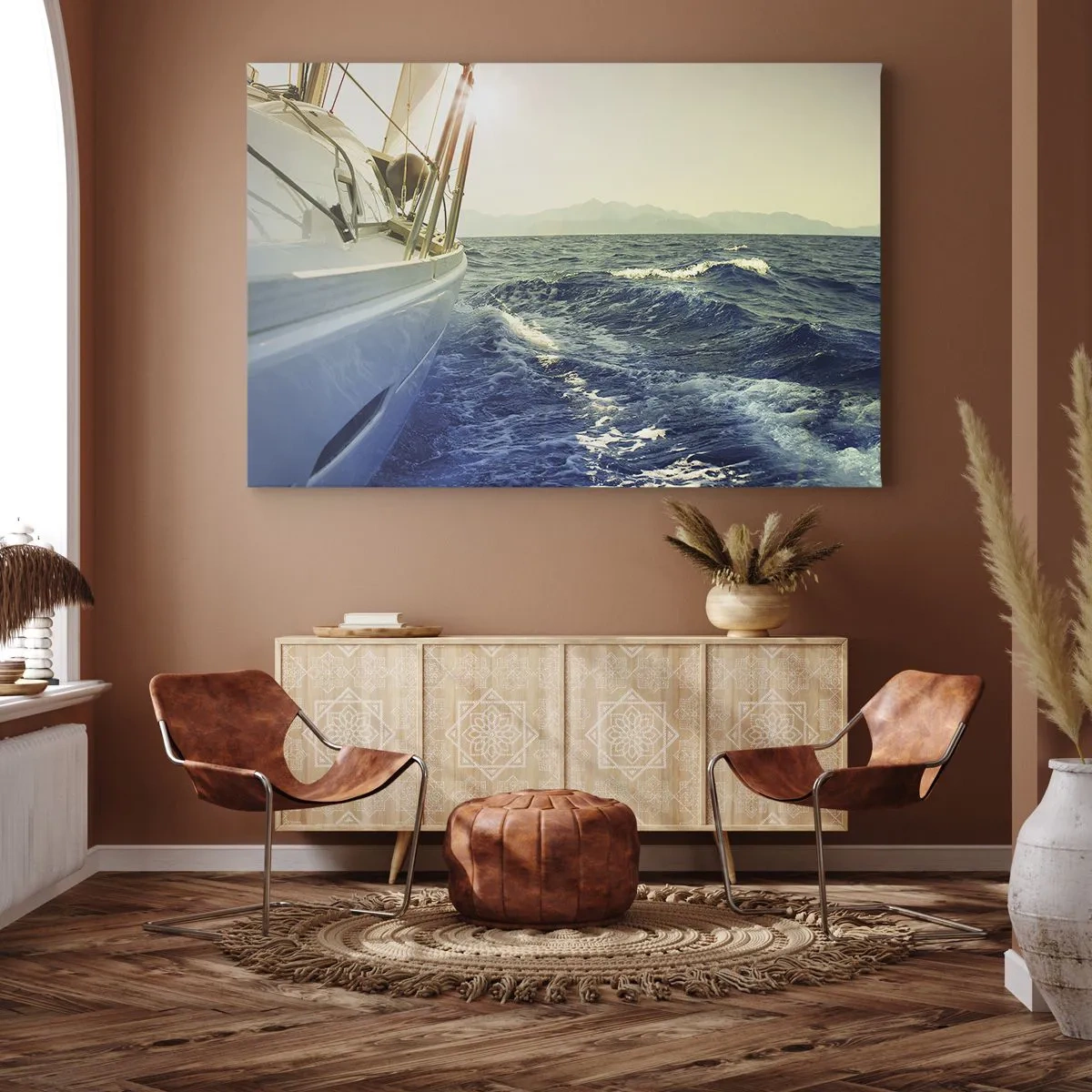 Obraz na plátne - Jachta na otvorenom mori s výhľadom na vlny - 70x50cm - Za dobrodružstvom - Moderná nástenná dekorácia do obývacej izby a spálne ARTTOR