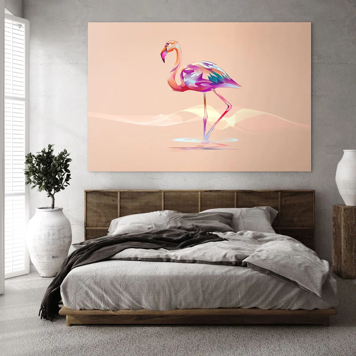 Obraz na skle - Farebný plameniak na pastelovom pozadí - 70x50cm - Vták dobrých emócií - Moderná nástenná dekorácia do obývacej izby a spálne ARTTOR