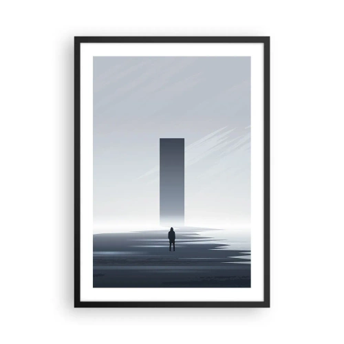 Plagát v čiernom ráme - Minimalistická scéna s tajomným monolitom v studených tónoch. - 50x70cm - Príležitosť alebo hrozba? - Moderná nástenná dekorácia do obývacej izby a spálne ARTTOR