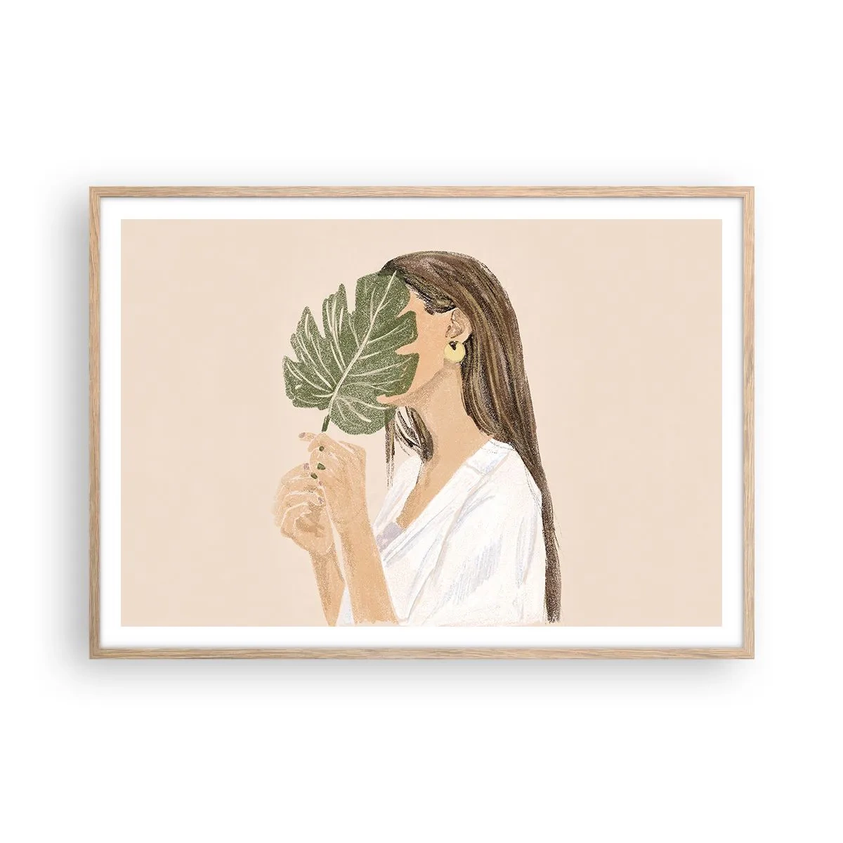 Plagát v ráme zo svetlého duba - Tajomný portrét s vejárom - 100x70 cm