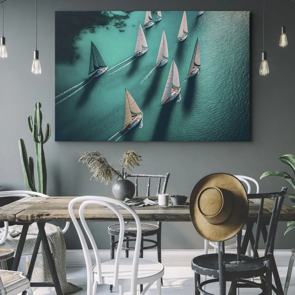 Obraz na plátne - Jachty na tyrkysovej vode v dynamickom pohybe - 70x50cm - Zápasenie s vetrom - Moderná nástenná dekorácia do obývacej izby a spálne ARTTOR