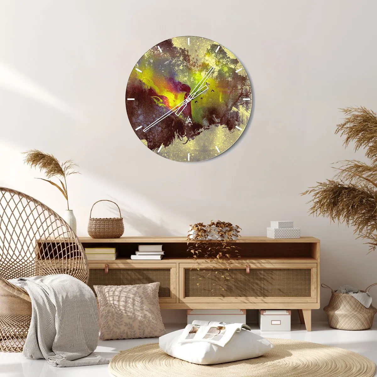 Nástenné hodiny - Abstraktná krajina s prírodnými prvkami a farbami - 30x30cm - Matka Príroda - Moderná nástenná dekorácia do obývacej izby, kuchyne a spálne ARTTOR