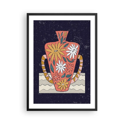 Plagát v čiernom ráme - Farebná váza s kvetinovým vzorom na tmavom pozadí - 50x70cm - Maľovaný džbán - Moderná nástenná dekorácia do obývacej izby a spálne ARTTOR