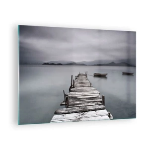 Obraz na skle - Drevené mólo na jazere v hmlistý deň - 70x50cm - Zajtra môžeš vyraziť - Moderná nástenná dekorácia do obývacej izby a spálne ARTTOR