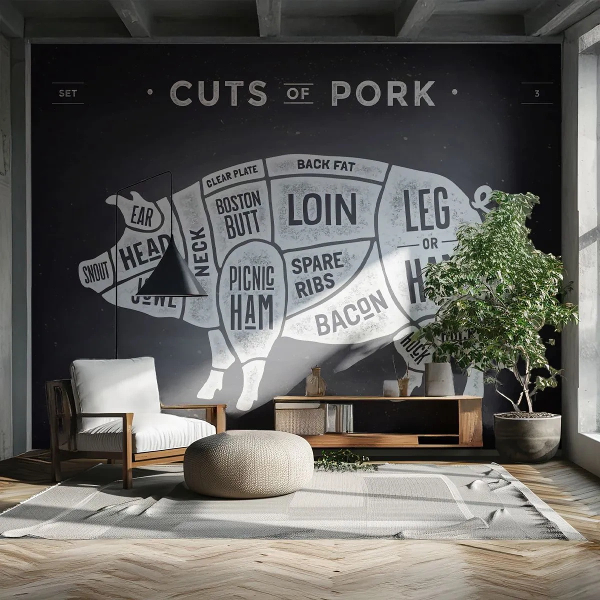 Fototapeta Standard Eco - Schéma bravčového rezu na vintage čiernom pozadí - 100x70cm - Šlabikár mäsiara - Moderná nástenná dekorácia do obývacej izby a spálne ARTTOR