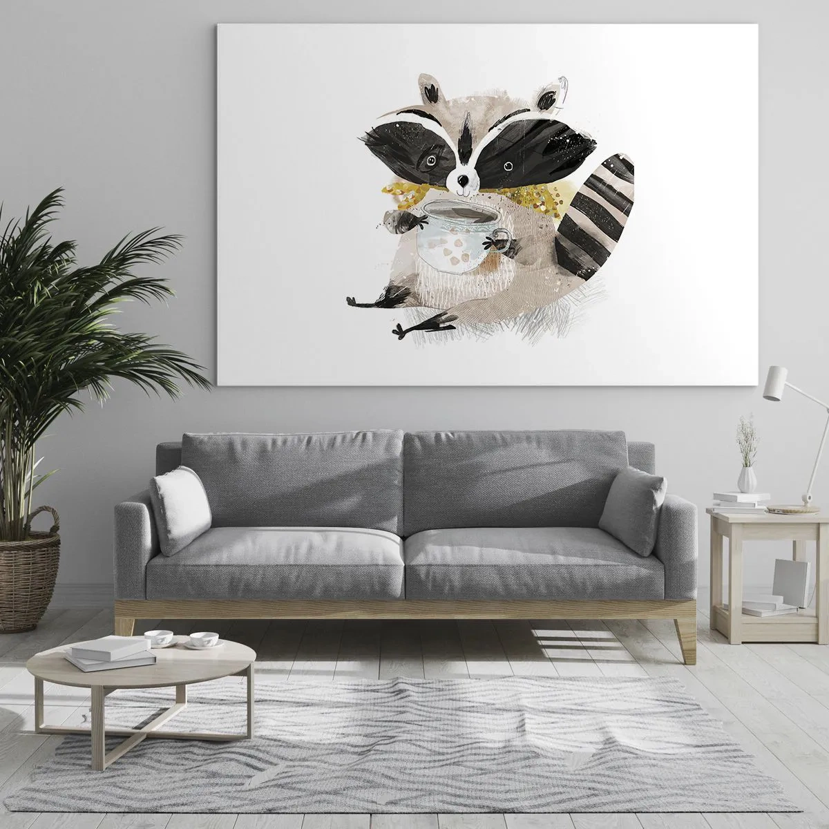 Obraz na skle - Roztomilý mýval drží šálku nápoja - 70x50cm - Môj priateľ mýval - Moderná nástenná dekorácia do obývacej izby a spálne ARTTOR