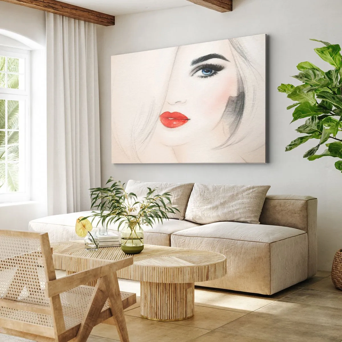 Obraz na plátne - Minimalistický portrét ženy s modrými očami a červenými perami. - 70x50cm - Hypnotizuje a omamuje - Moderná nástenná dekorácia do obývacej izby a spálne ARTTOR
