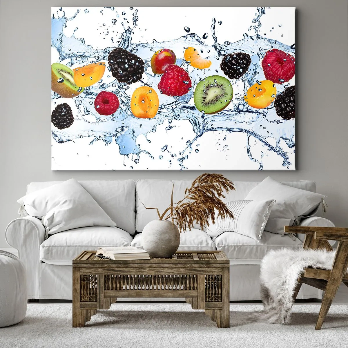 Obraz na plátne - Farebné ovocie ponorené do striekajúcej vody na bielom pozadí - 70x50cm - Bavte sa s nami - Moderná nástenná dekorácia do obývacej izby a spálne ARTTOR
