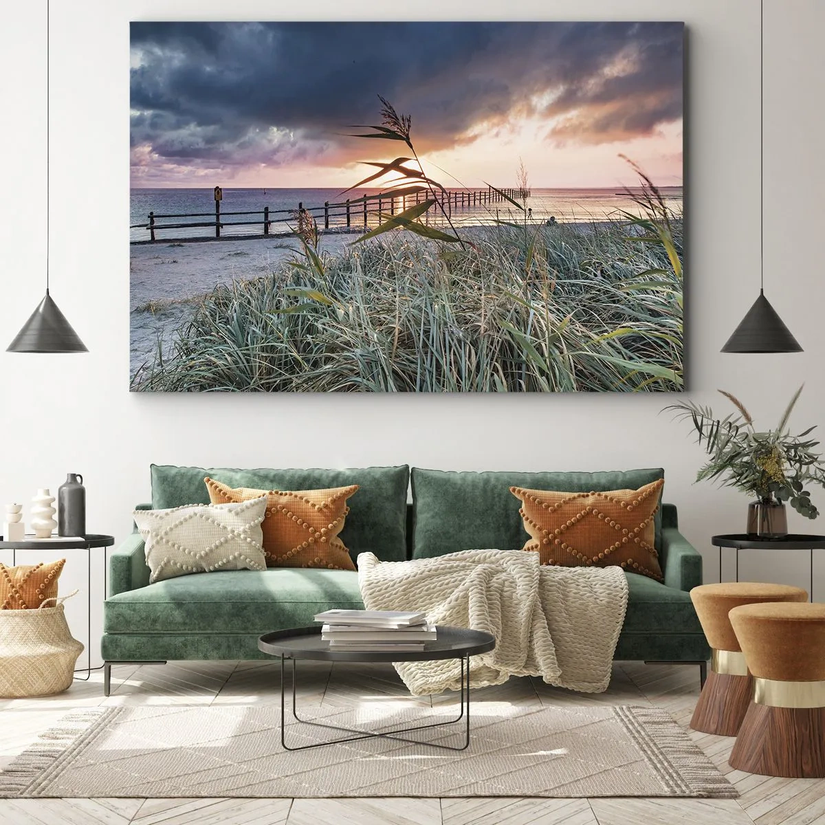 Obraz na plátne - Pláž pri západe slnka s trávami v popredí - 70x50cm - Neodviate vetrom - Moderná nástenná dekorácia do obývacej izby a spálne ARTTOR