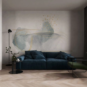 Fototapeta Standard Eco - Abstraktná akvarelová kompozícia so zlatými čiarami a bodkami - 100x70cm - O vzťahu medzi šedou a zlatou - Moderná nástenná dekorácia do obývacej izby a spálne ARTTOR