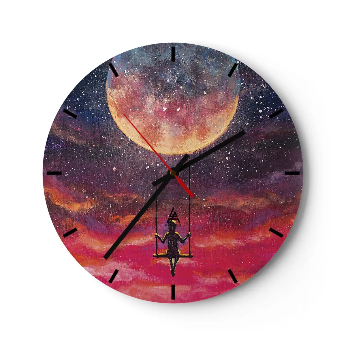 Nástenné hodiny - Dievča na hojdačke zavesené pod mesiacom - 30x30cm - Stavať si vzdušné zámky - Moderná nástenná dekorácia do obývacej izby, kuchyne a spálne ARTTOR