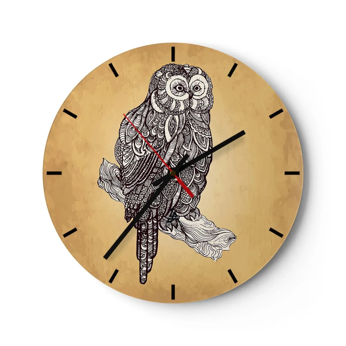 Nástenné hodiny - Umelecká sova na béžovom pozadí so zložitým vzorom - 30x30cm - Majstrovské ornamenty múdrosti - Moderná nástenná dekorácia do obývacej izby, kuchyne a spálne ARTTOR