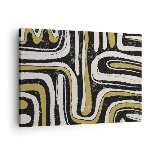 Obraz na plátne - Abstraktný vzor v čiernej, bielej a zlatej farbe - 70x50cm - Kompozícia: trakty a uličky - Moderná nástenná dekorácia do obývacej izby a spálne ARTTOR