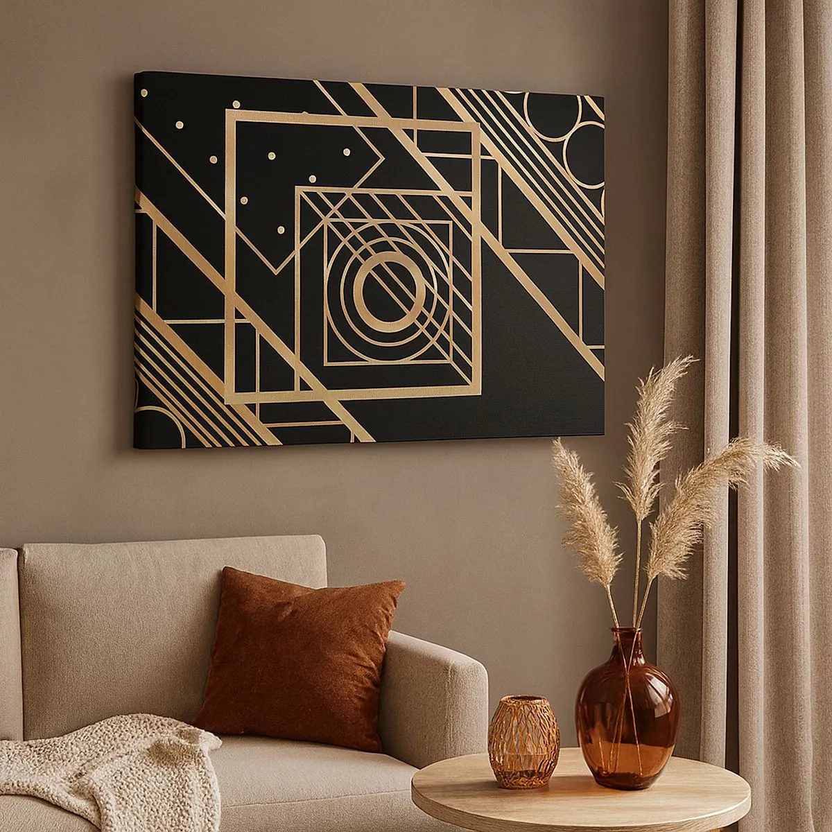 Obraz na plátne - Zlaté geometrické vzory na čiernom pozadí - 70x50cm - Zlatá geometria - Moderná nástenná dekorácia do obývacej izby a spálne ARTTOR