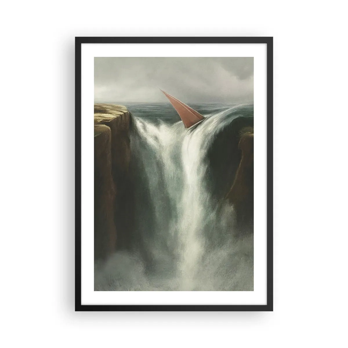 Plagát v čiernom ráme - Plachetnica padá cez vodopád v surrealistickej krajine. - 50x70cm - Životné varovanie - Moderná nástenná dekorácia do obývacej izby a spálne ARTTOR