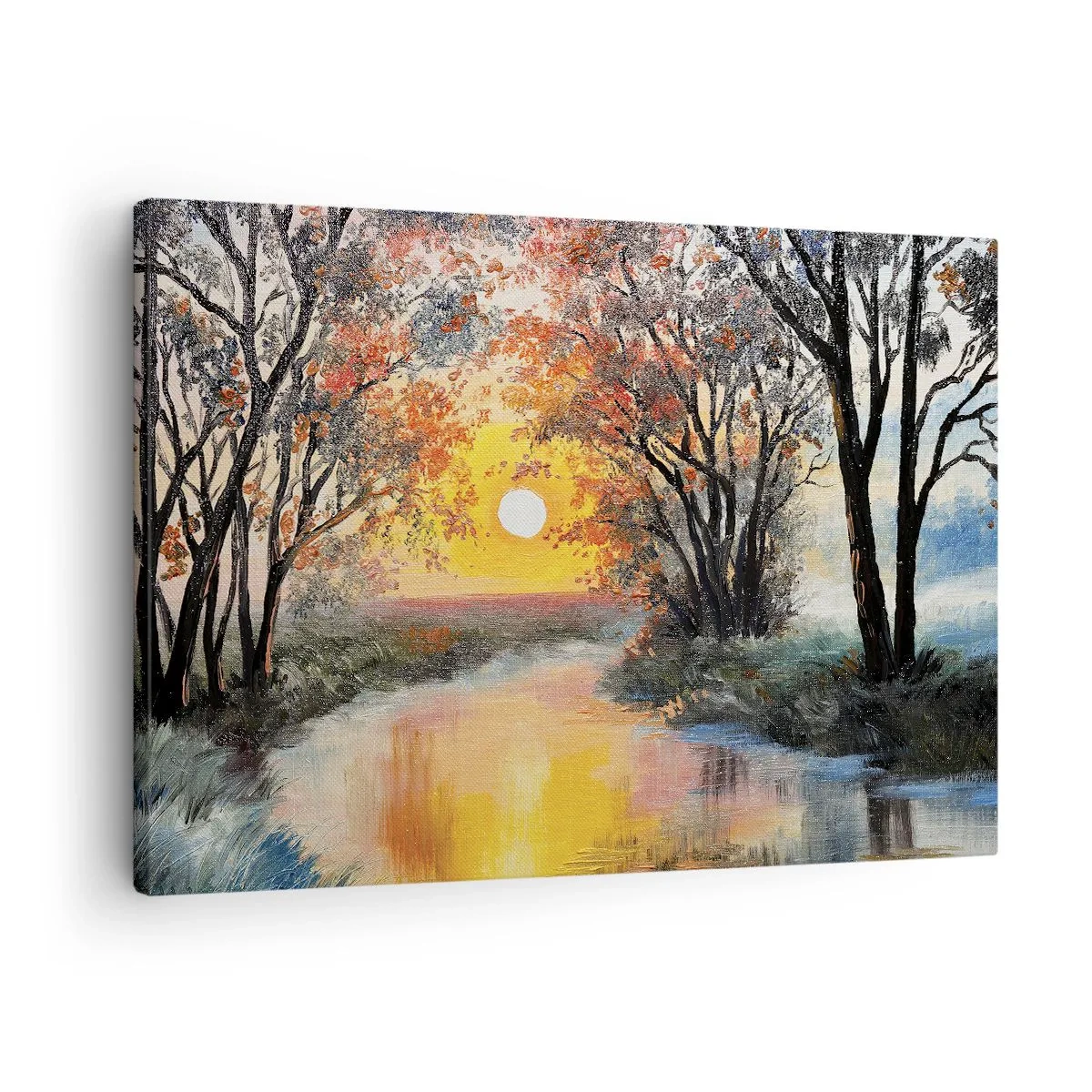 Obraz na plátne - Západ slnka nad riekou v jesennej krajine - 70x50cm - Jesenný nádych - Moderná nástenná dekorácia do obývacej izby a spálne ARTTOR