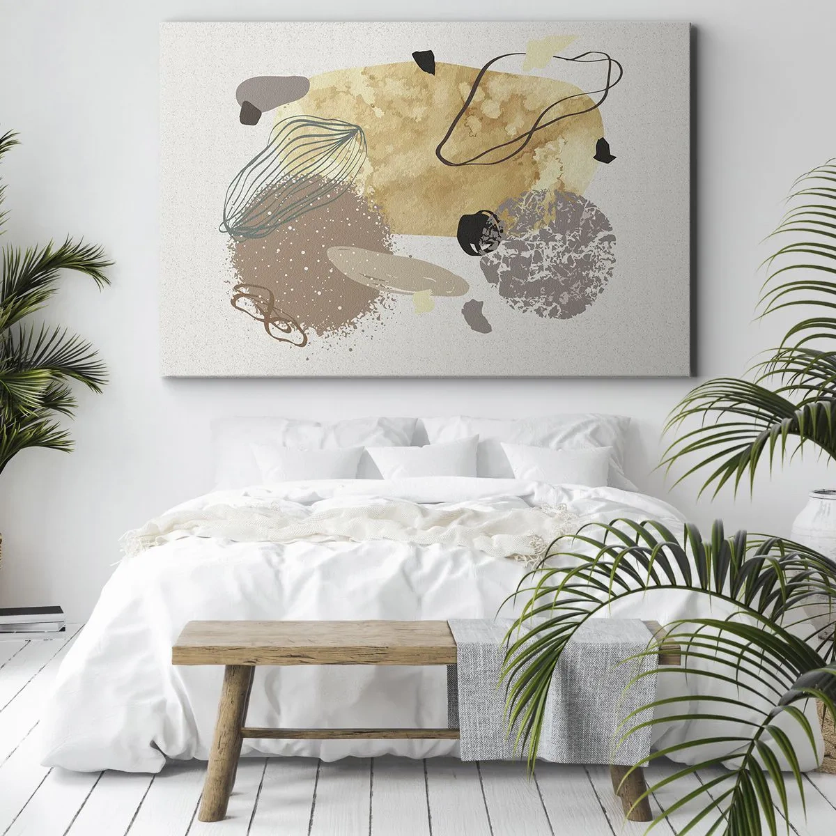 Obraz na plátne - Kompozícia abstraktných tvarov v béžovej a žltej farbe. - 70x50cm - Abstraktná slivka - Moderná nástenná dekorácia do obývacej izby a spálne ARTTOR