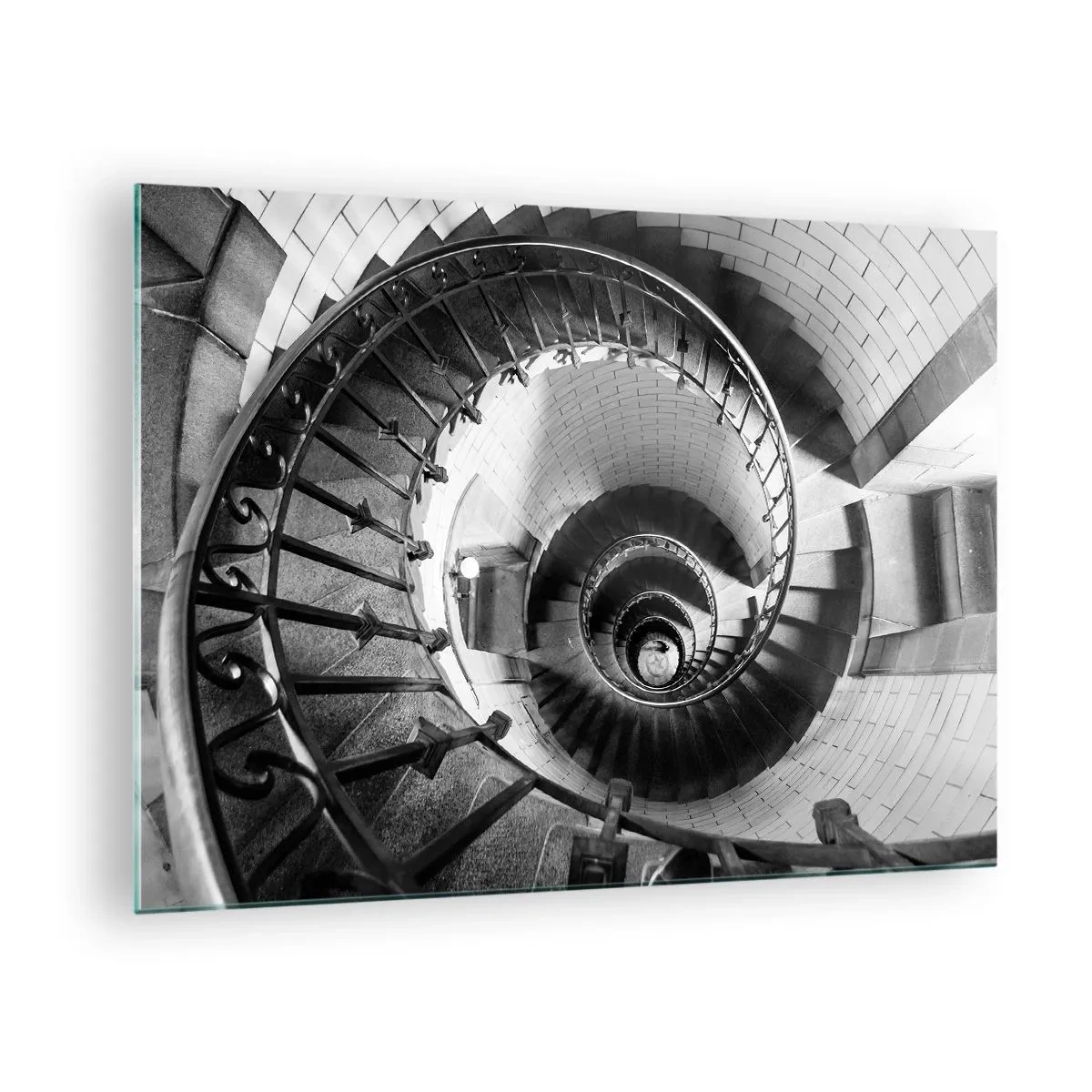 Obraz na skle - Čiernobiela fotografia točitého schodiska v perspektíve - 70x50cm - Len vyššie a vyššie - Moderná nástenná dekorácia do obývacej izby a spálne ARTTOR