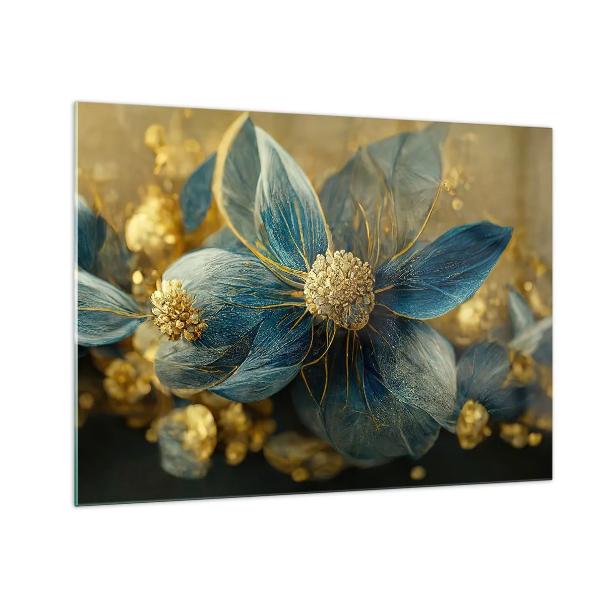 Obraz na skle - Modré a zlaté kvety s luxusným nádychom - 70x50cm - Rozkvitnúť zlatom - Moderná nástenná dekorácia do obývacej izby a spálne ARTTOR