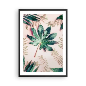 Plagát v čiernom ráme - Listy v rôznych odtieňoch zelenej na ružovom pozadí - 50x70cm - Štúdia zelenej na ružovom pozadí - Moderná nástenná dekorácia do obývacej izby a spálne ARTTOR