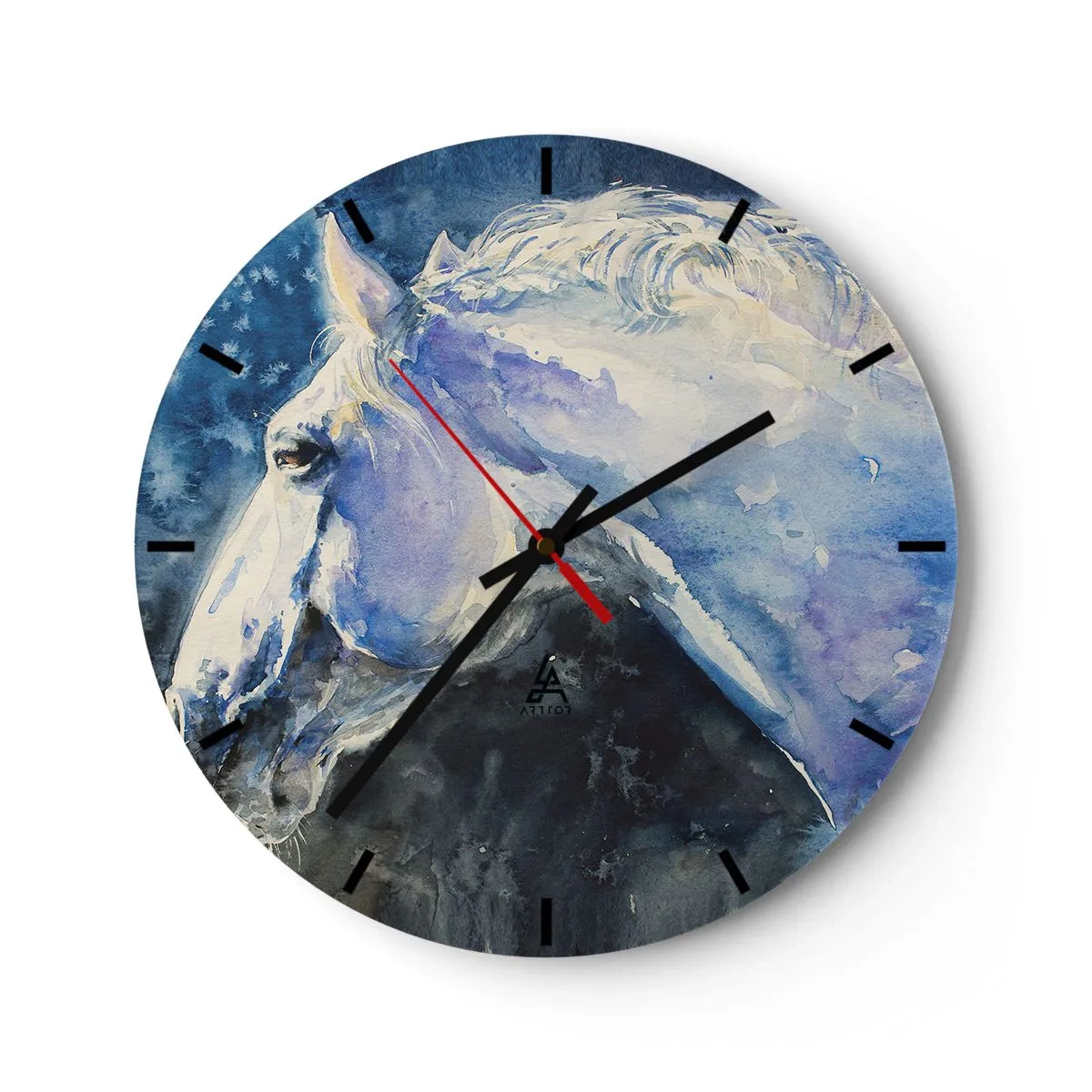 Nástenné hodiny - Umelecký portrét koňa v odtieňoch modrej a bielej - 30x30cm - Portrét v modrej žiare - Moderná nástenná dekorácia do obývacej izby, kuchyne a spálne ARTTOR