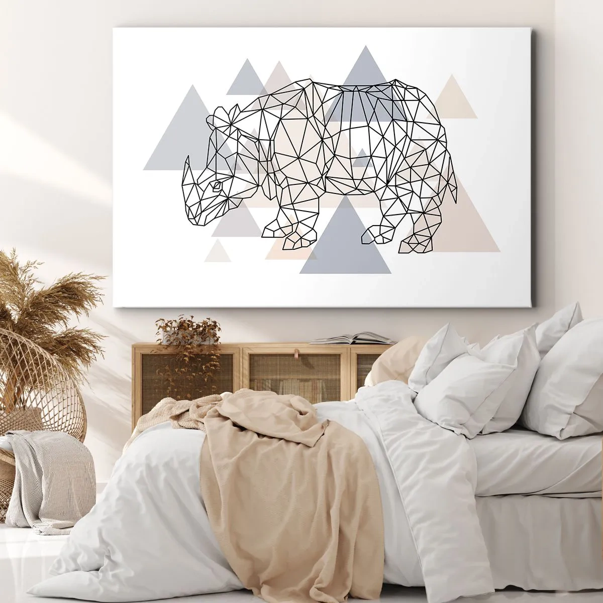 Obraz na plátne - Geometrický nosorožec na pozadí jemných trojuholníkov - 70x50cm - Štruktúra sily - Moderná nástenná dekorácia do obývacej izby a spálne ARTTOR