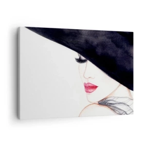 Obraz na plátne - Jemná ilustrácia ženy v čiernom klobúku s červenými perami - 70x50cm - Elegancia a zmyselnosť - Moderná nástenná dekorácia do obývacej izby a spálne ARTTOR