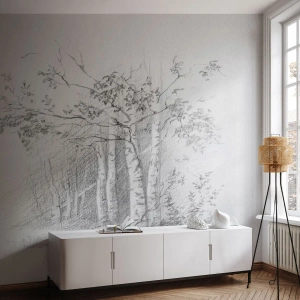 Fototapeta Standard Eco - Ceruzkový náčrt brezových stromov v lese - 100x70cm - Svetlo brezového lesa - Moderná nástenná dekorácia do obývacej izby a spálne ARTTOR